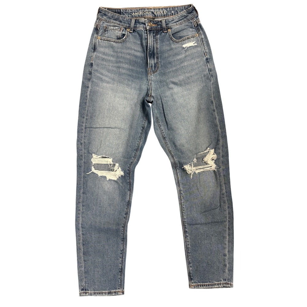 American Eagle Distressed Mom Jeans Size 2 Blue High Waisted Stretch Waistband